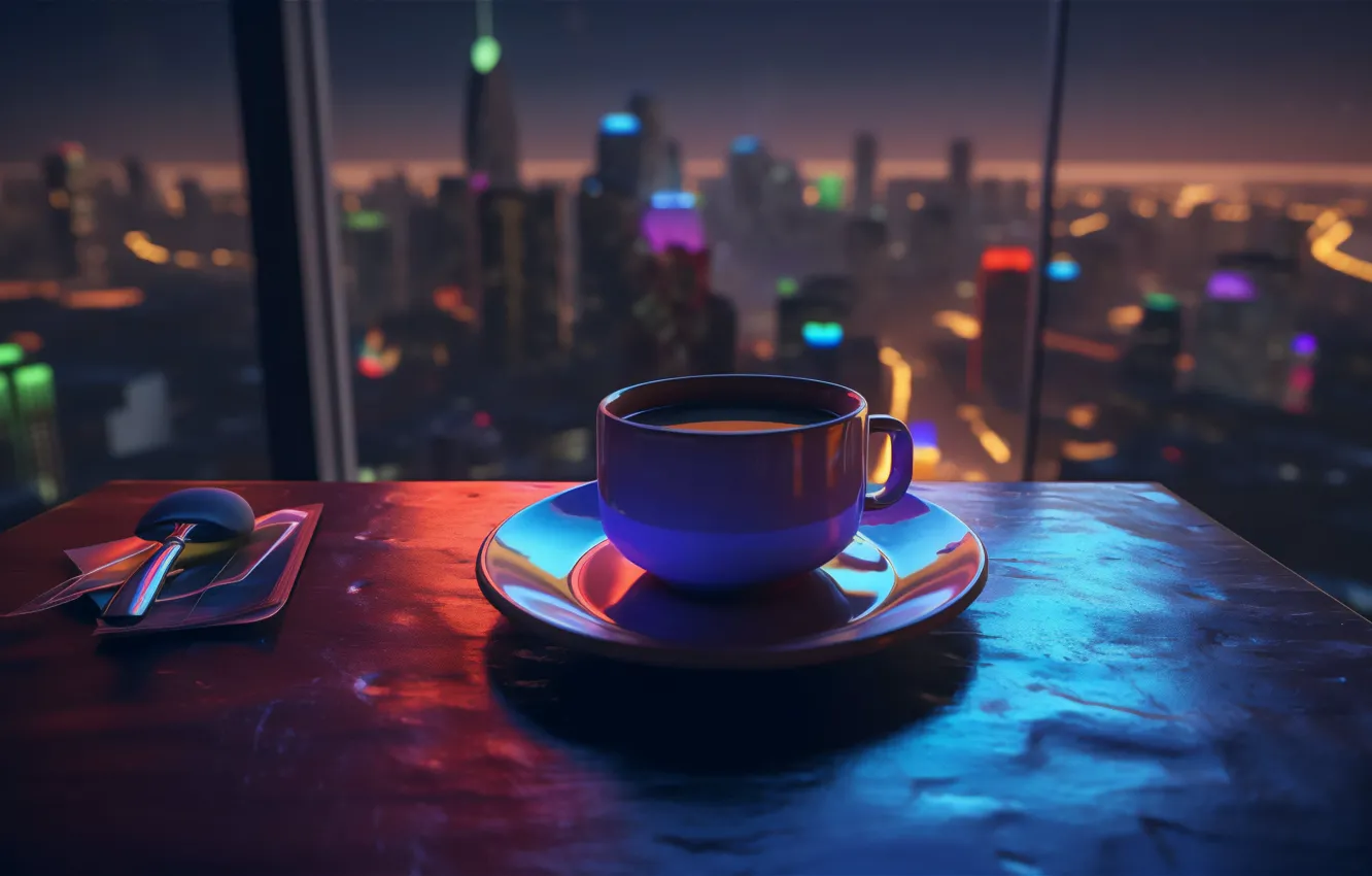 Фото обои небоскребы, ночной город, столик, skyscrapers, чашка кофе, a table, AI art, Искусство ИИ