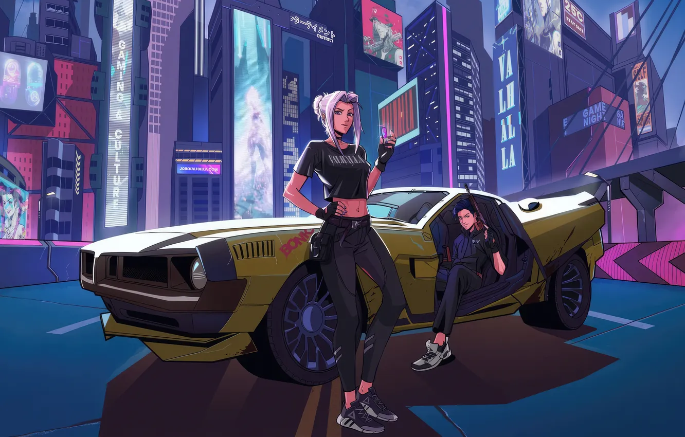 Фото обои car, girl, anime, guy