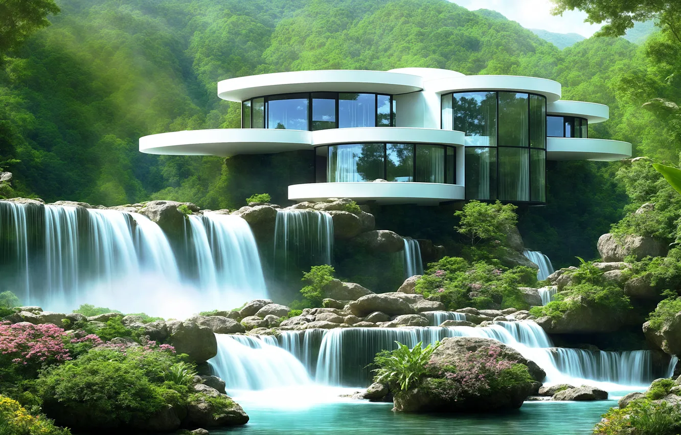 Фото обои summer, trees, mountains, houses, waterfalls, architecture