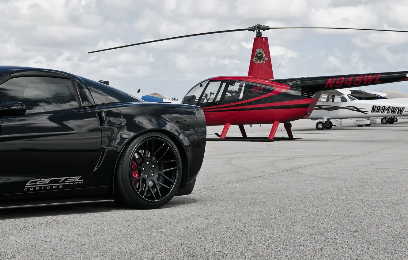 Фото обои чёрный, Z06, Corvette, Chevrolet, вертолёт, шевроле, black, корвет