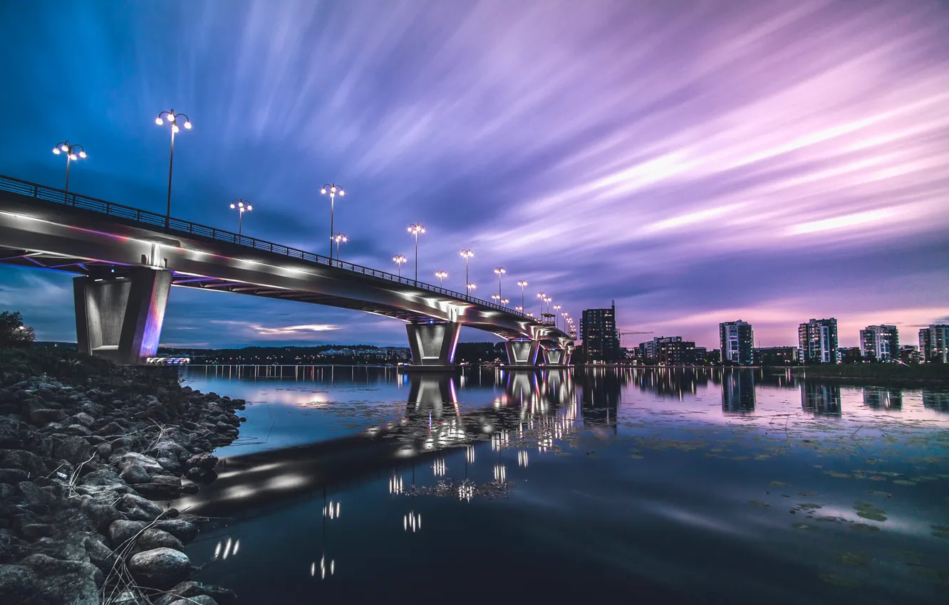 Фото обои Sky, Bridge, Sunset, River, Reflection, Ligth, Cityscape