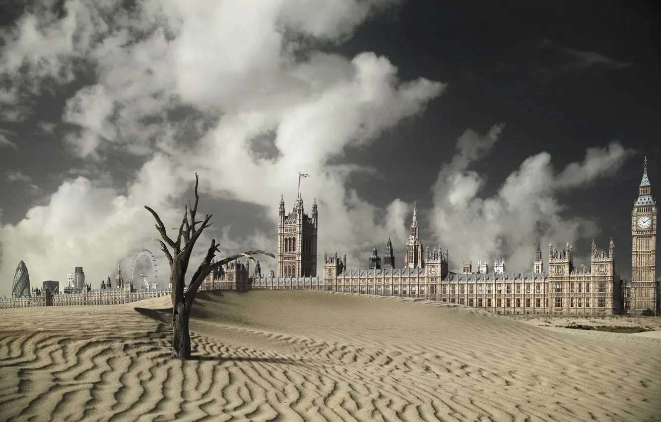 Фото обои дерево, пустыня, Лондон, засуха, Биг-Бен, London, Лондонский глаз, Небоскрёб Мэри-Экс