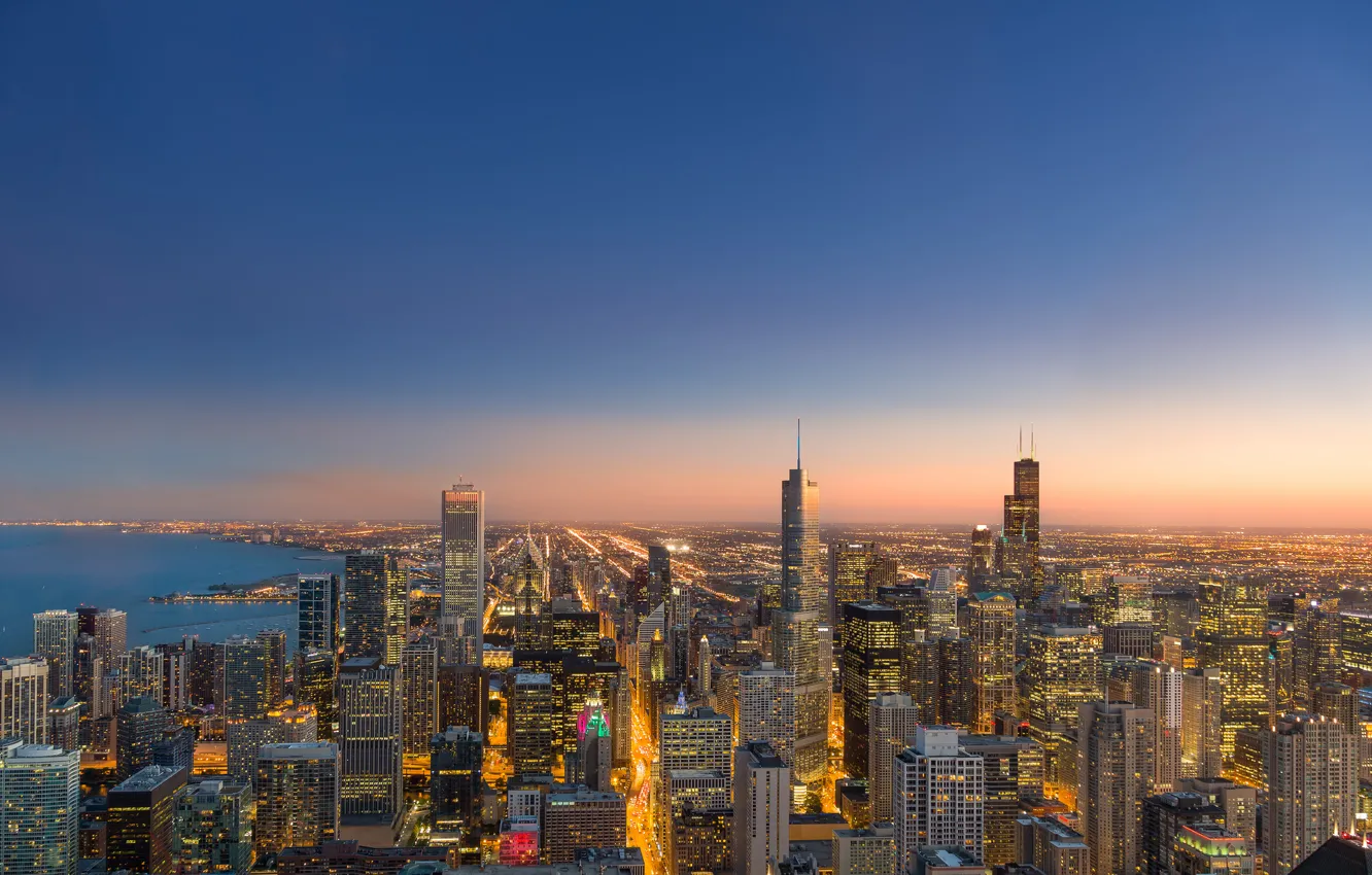Фото обои город, огни, вечер, Chicago, панорамма