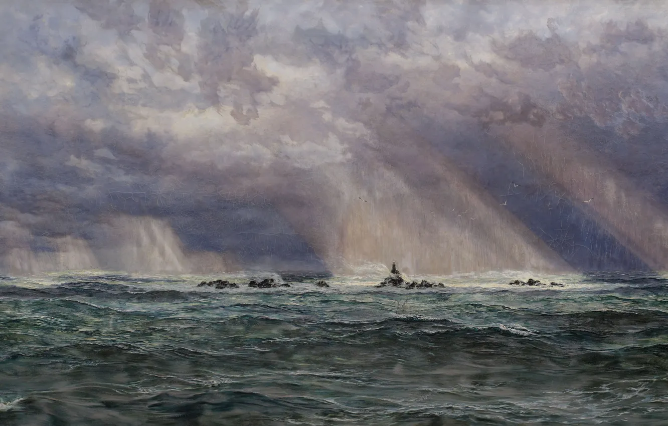 Фото обои 1873, Джон Бретт, Шторм в море с маяком
