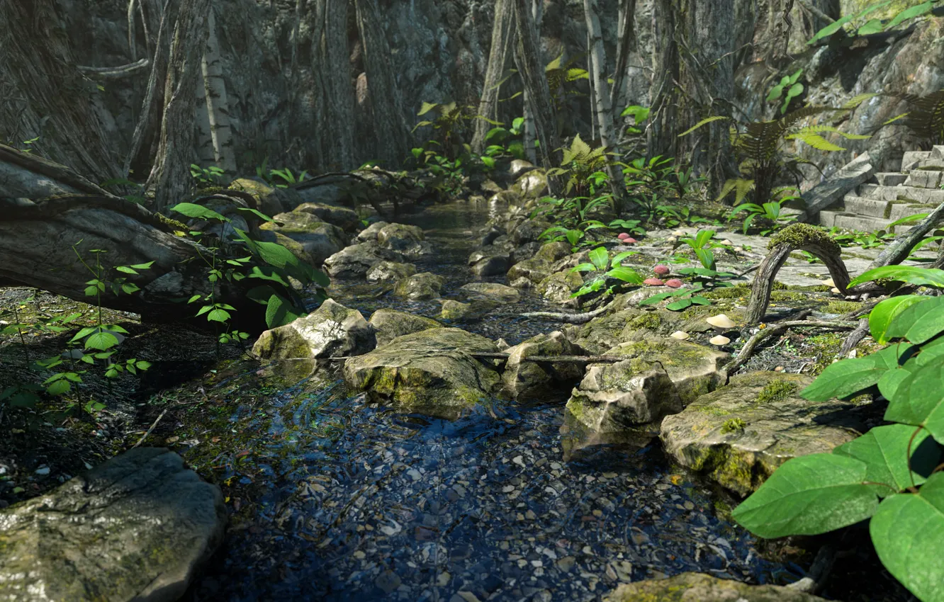Фото обои природа, ручей, камни, растительность, Enchanted Beauty PW