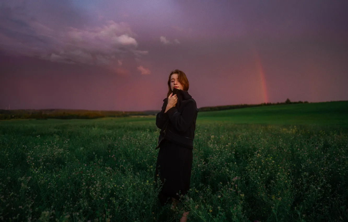 Фото обои поле, зеленая трава, радуга, вечер, простор, space, rainbow, field