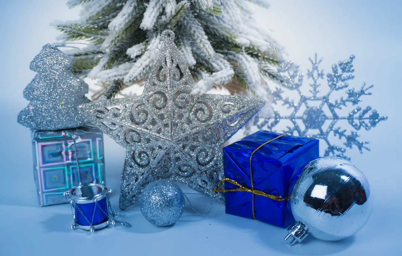 Фото обои шарики, праздник, звезда, Рождество, Новый год, ёлочка, синяя, барабан