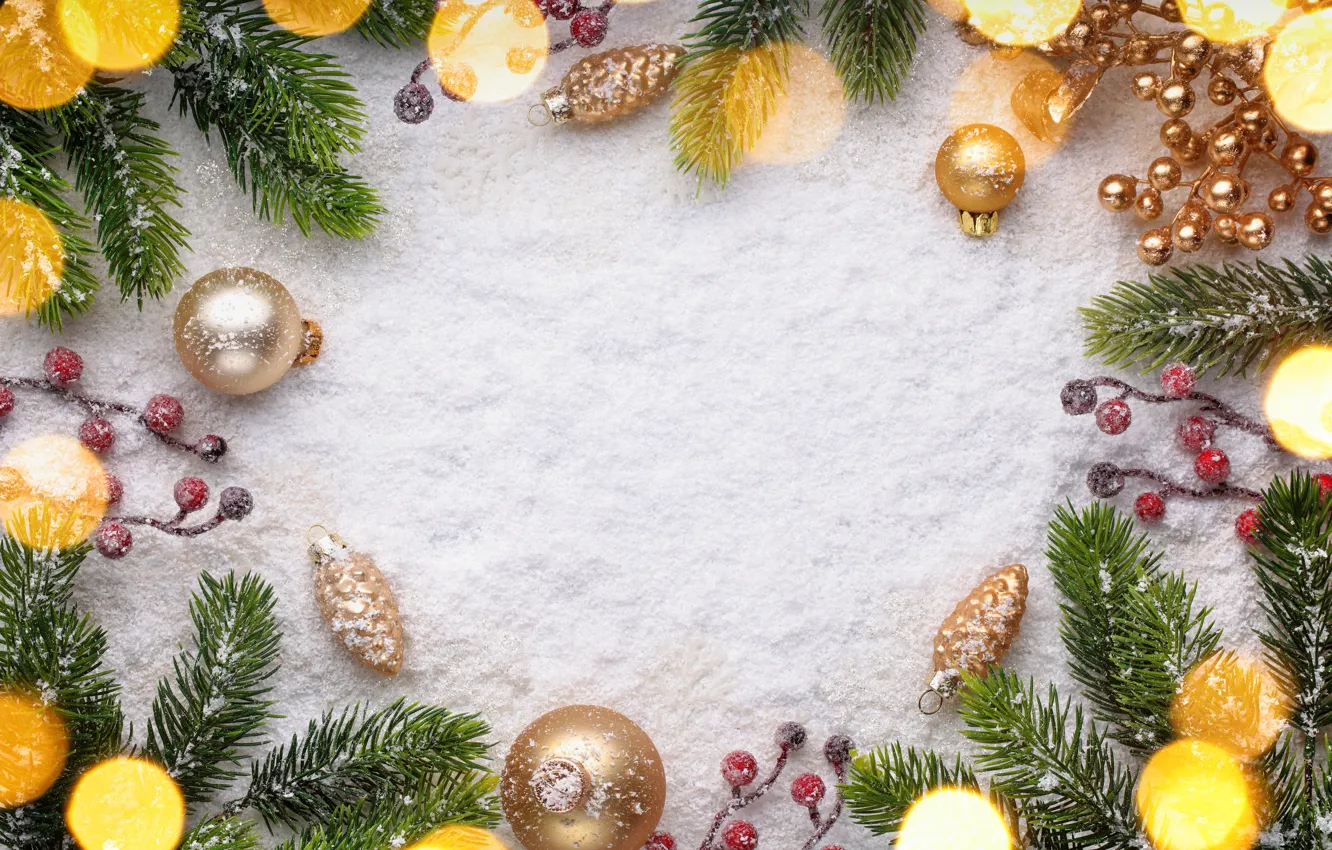 Фото обои снег, украшения, шары, елка, Новый Год, Рождество, Christmas, snow