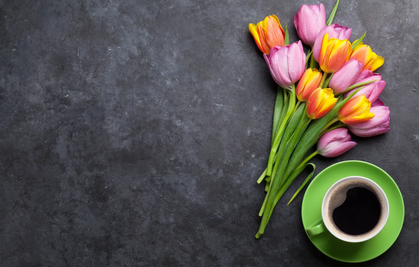 Фото обои цветы, букет, colorful, тюльпаны, pink, flowers, tulips, coffee cup