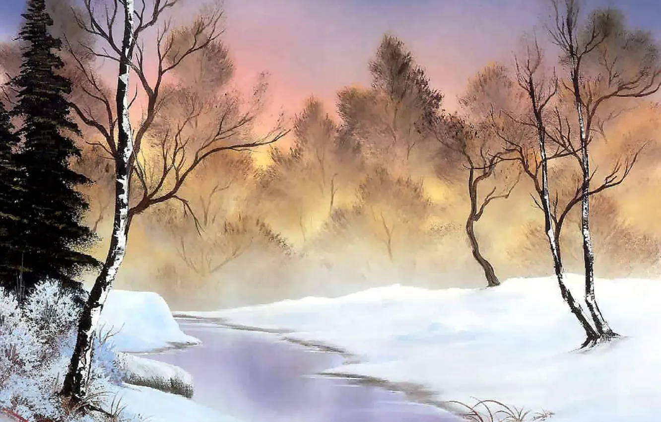 Фото обои зима, лес, снег, деревья, сияние, рассвет, берег, лёд