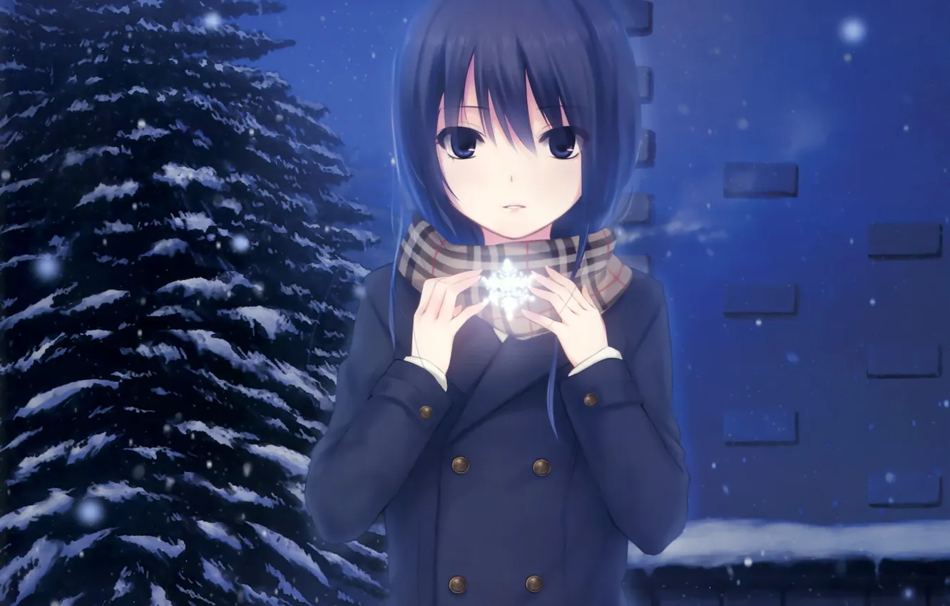 Фото обои зима, девушка, снег, ночь, дом, елка, аниме, шарф