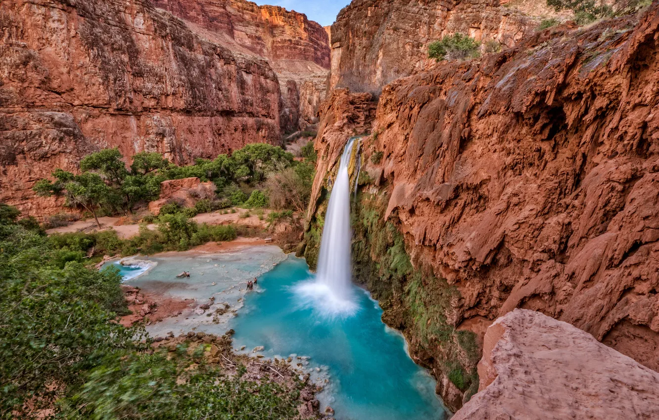 Фото обои скалы, водопад, каньон, Аризона, ущелье, США, резервация хавасупаи, Хавасу-Фолс