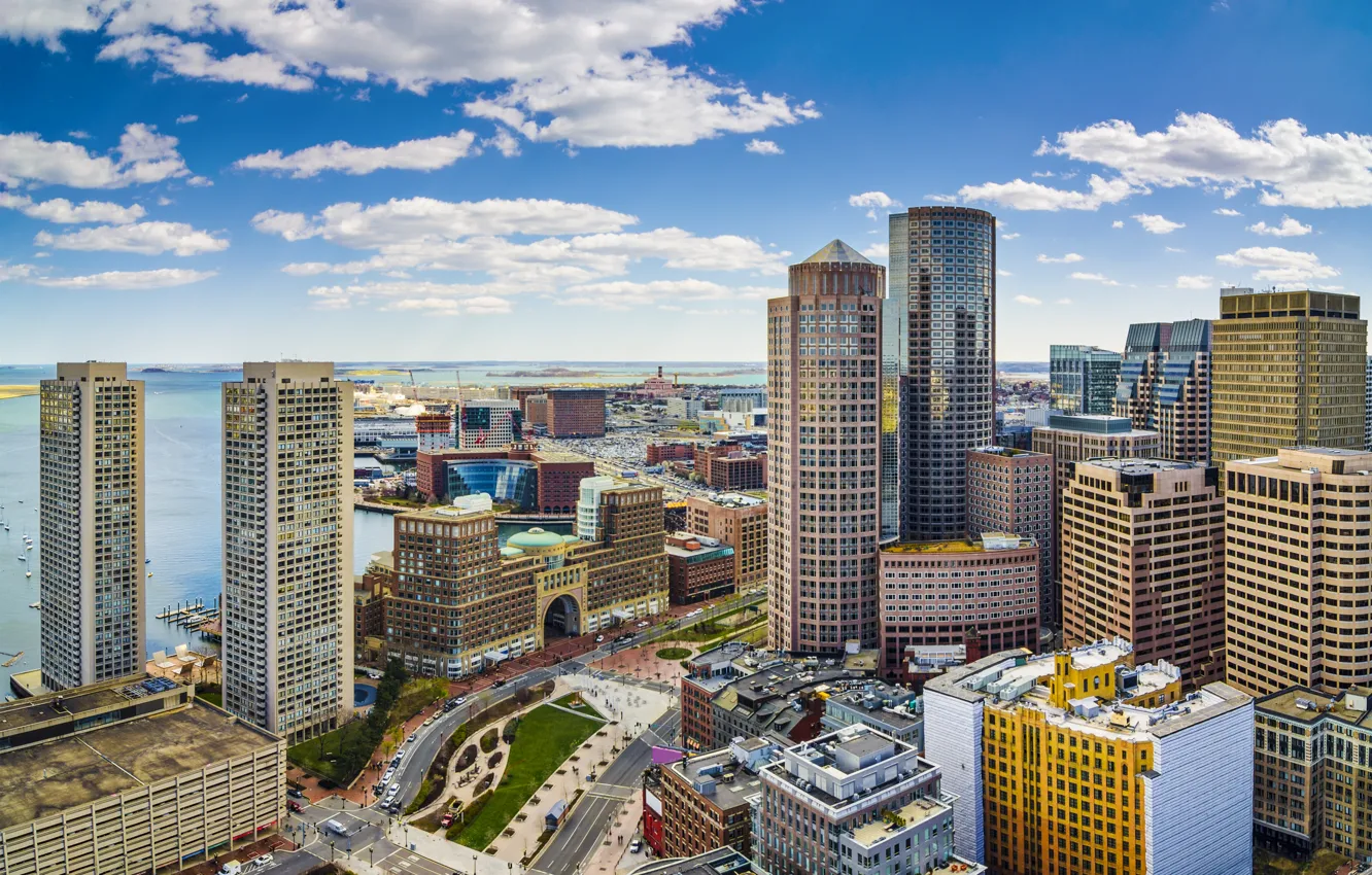 Фото обои побережье, здания, панорама, USA, США, небоскрёбы, Бостон, Boston
