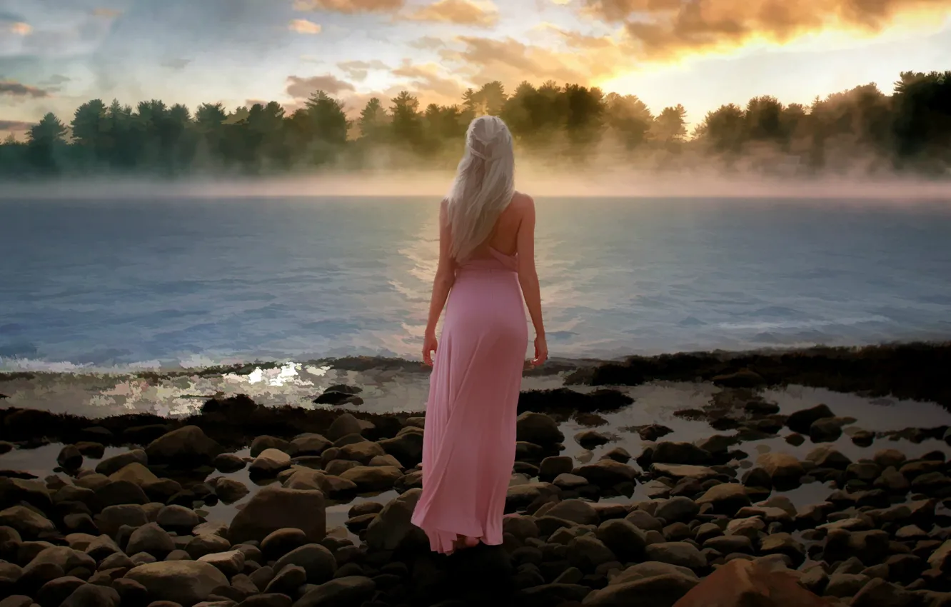 Фото обои девушка, река, камни, берег, рисунок, платье