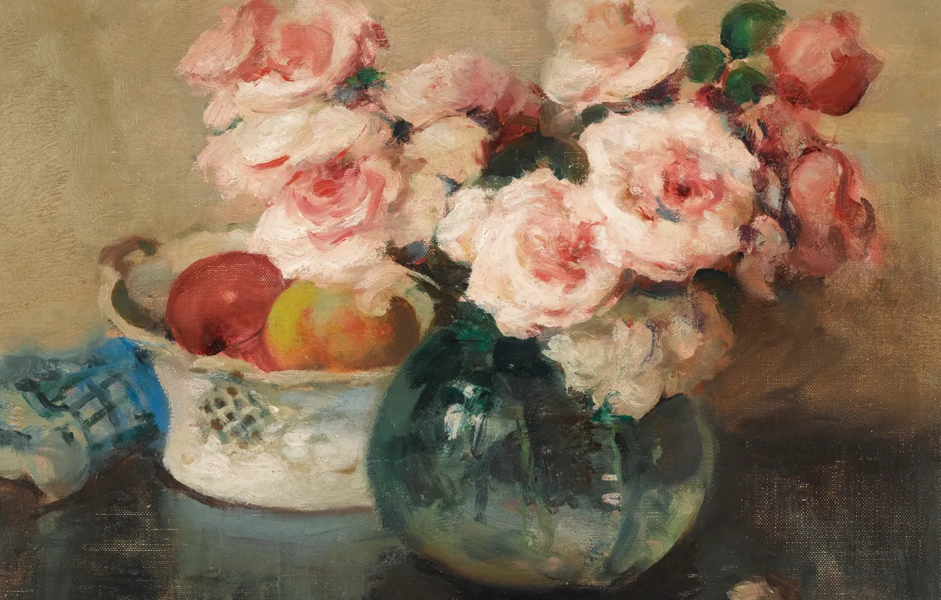 Фото обои цветы, картина, Натюрморт с Фруктами, Fernand Toussaint