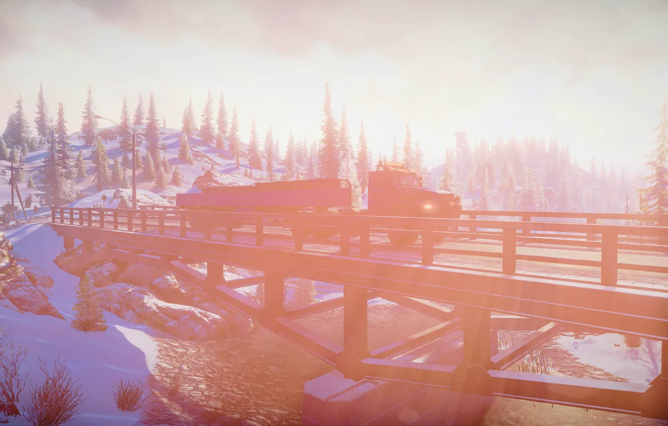 Фото обои HDR, Alaska, Wood, Winter, Bridge, Snow, Truck, Game