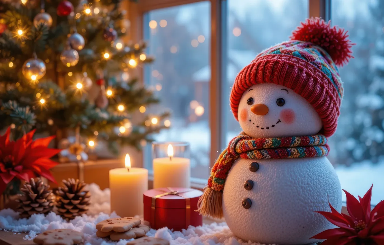 Фото обои зима, снег, огни, новый год, свечи, окно, Рождество, снеговик