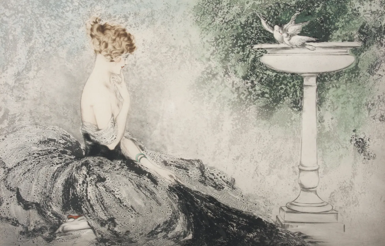 Фото обои раковина, Желание, белые голуби, 1924, Louis Icart, арт-деко, офорт и акватинта, рыжая женщина