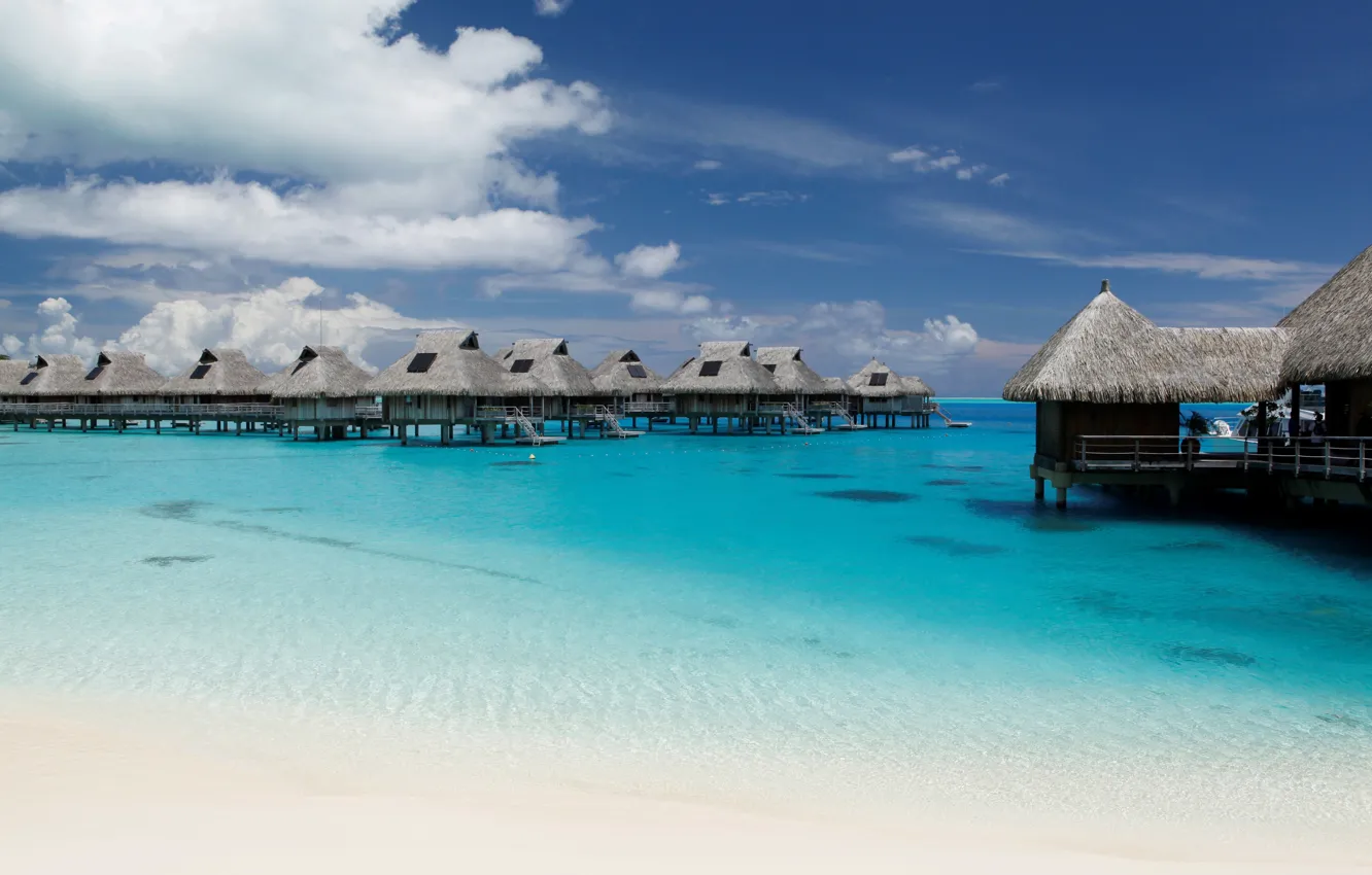 Фото обои океан, отель, бунгало, Bora Bora, Nui beach