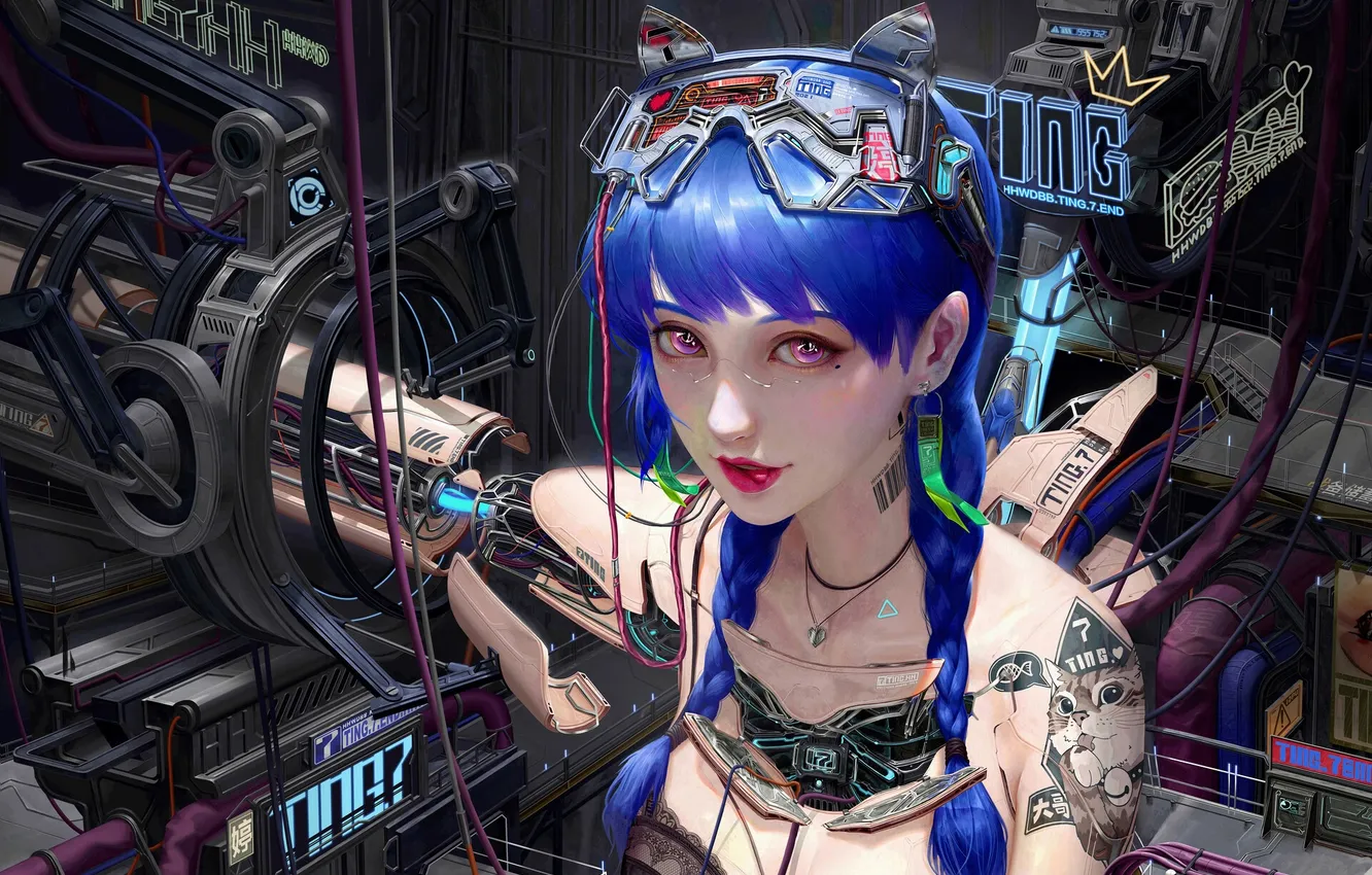 Фото обои girl, fantasy, science fiction, sci-fi, cyberpunk, tattoo, digital art, artwork