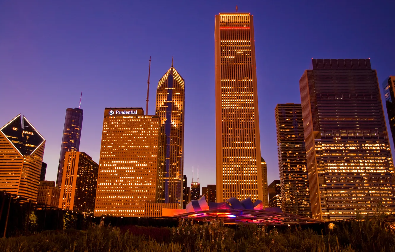Фото обои огни, здания, небоскребы, вечер, америка, чикаго, Chicago, сша