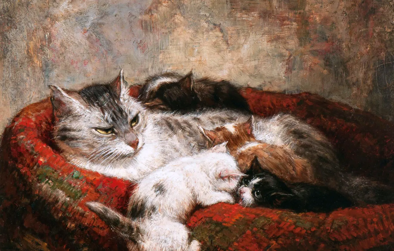 Фото обои Кошка, Котята, Картина, Генриетта Роннер-Книп, Henriette Ronner-Knip, Бельгийская художница, Мать и ее котята
