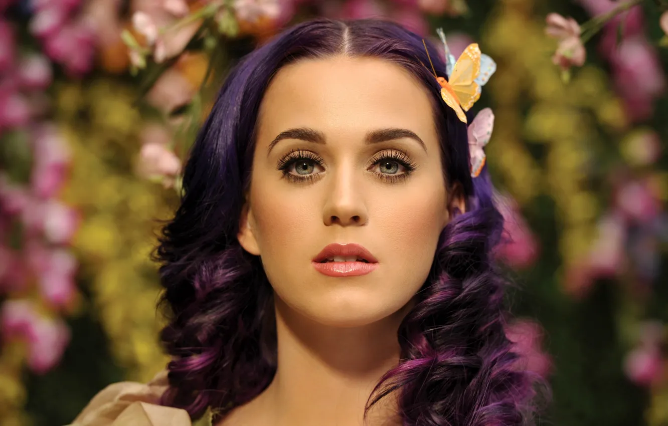Фото обои девушка, бабочки, лицо, волосы, фиолетовые, Кэти Перри, Katy Perry, певица