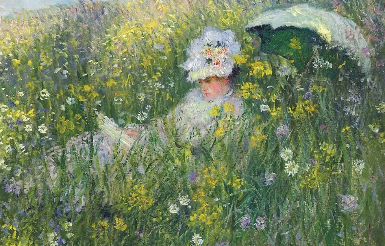Фото обои трава, девушка, цветы, природа, картина, зонт, Клод Моне, На Лугу