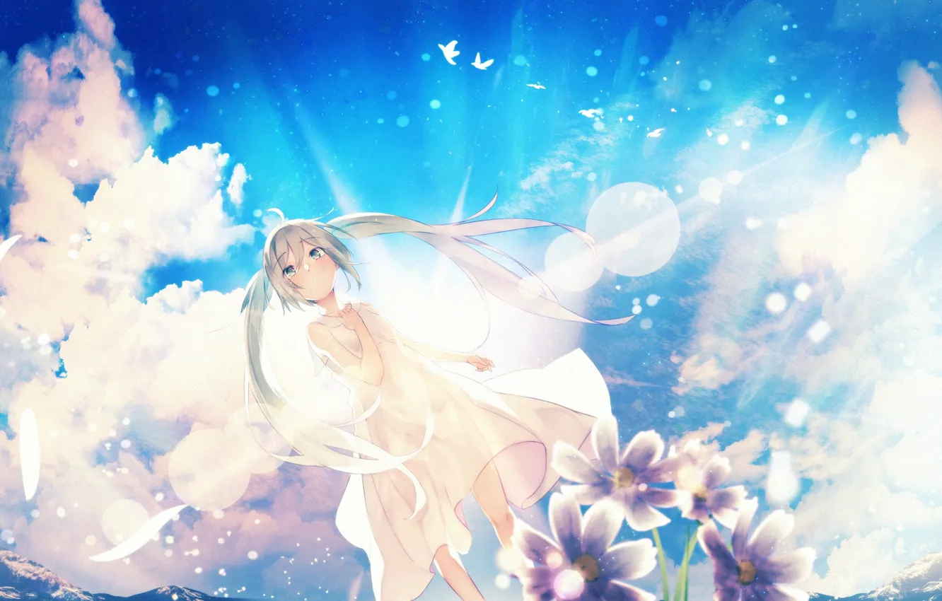 Фото обои лето, небо, девушка, солнце, лучи, Hatsune Miku, Vocaloid, Вокалоид