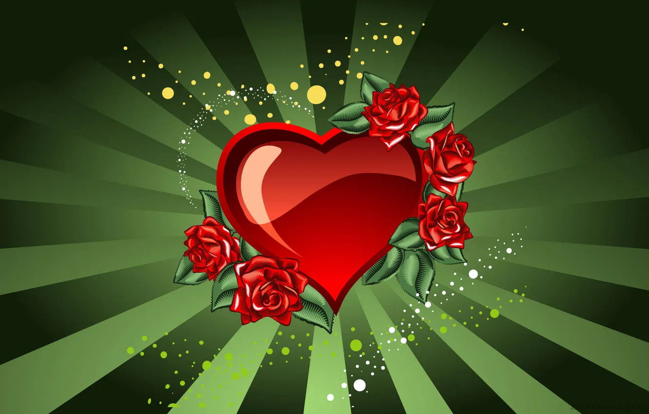 Фото обои любовь, красный, зеленый, сердце, розы, арт, love, день святого валентина