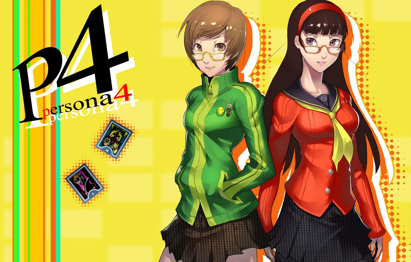 Фото обои взгляд, улыбка, девушки, школьницы, art, persona 4, amagi yukiko, jjune