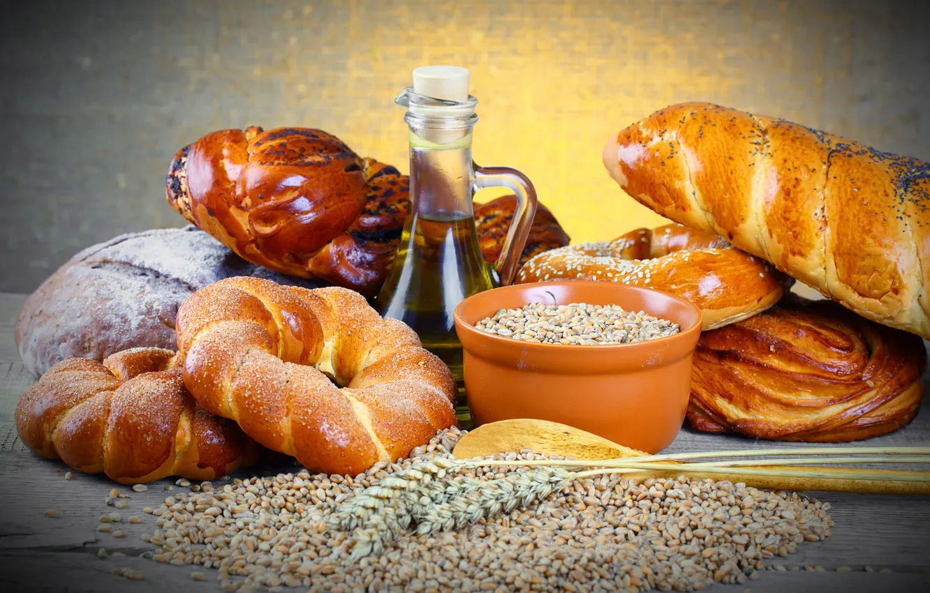 Фото обои зерно, масло, тарелка, хлеб, булка, кренделя, бутылёк