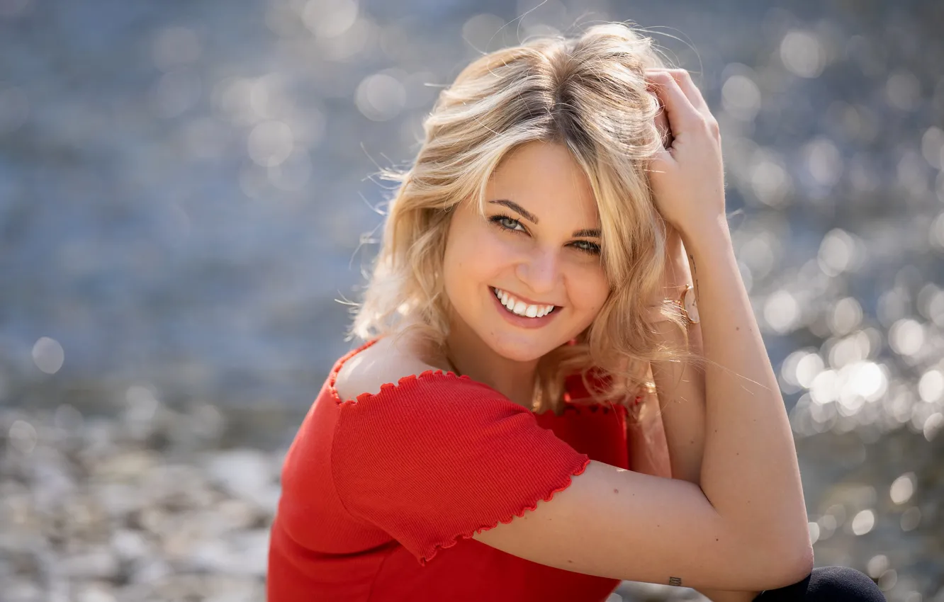 Фото обои девушка, лицо, улыбка, модель, волосы, блондинка