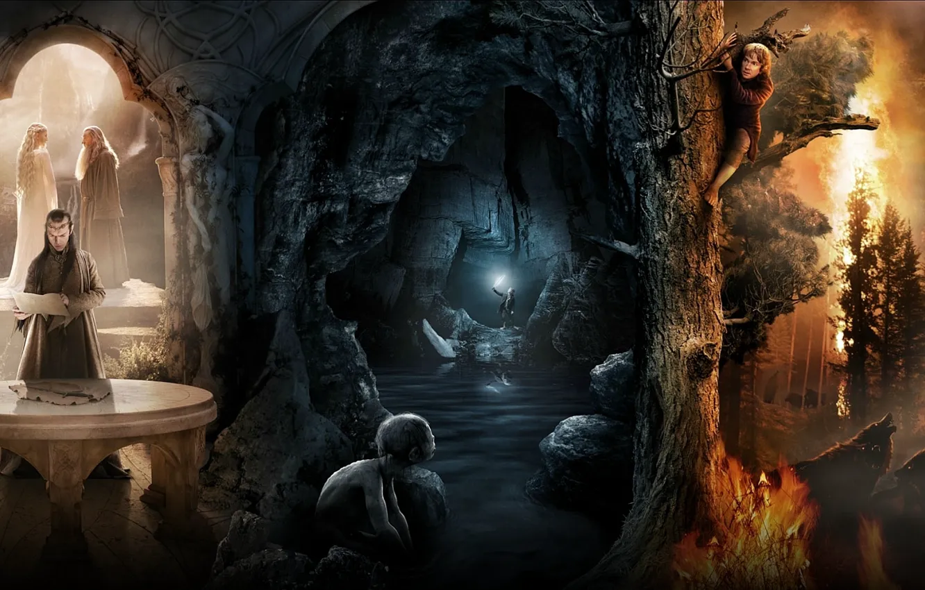 Фото обои лес, дерево, огонь, коллаж, властелин колец, эльфы, волки, пещера