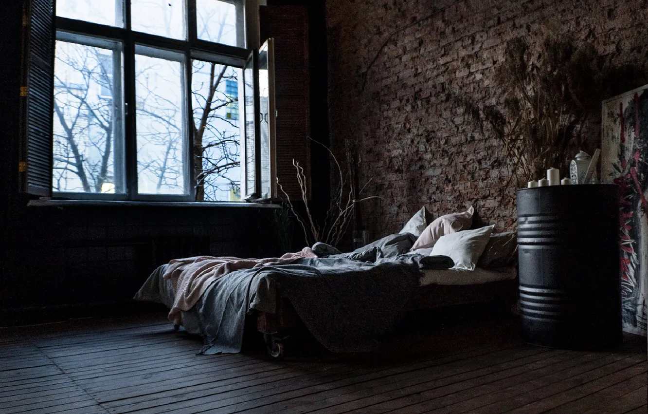 Фото обои дизайн, комната, интерьер, спальня, лофт, индустриальный стиль