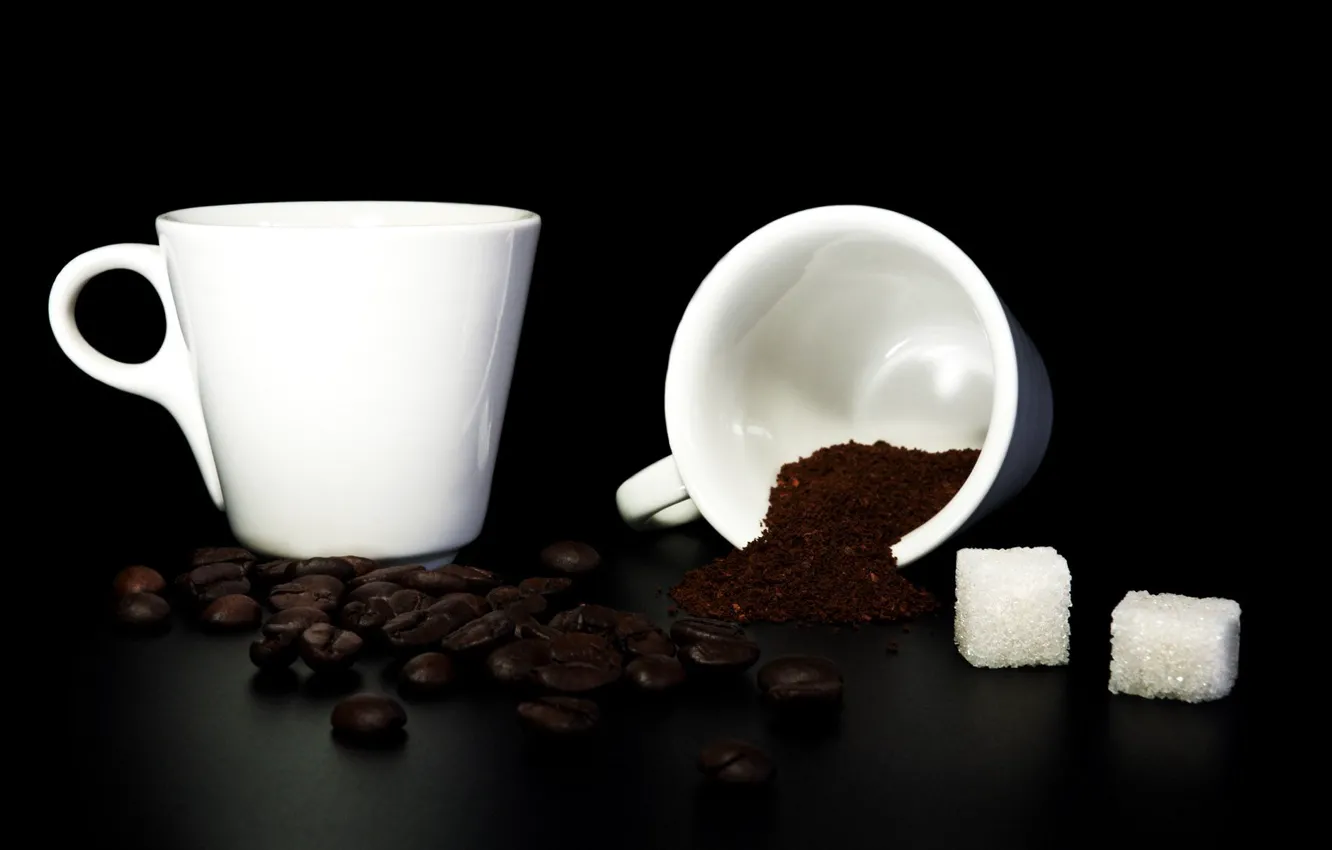 Фото обои кофе, зерна, сахар, кружки, молотый