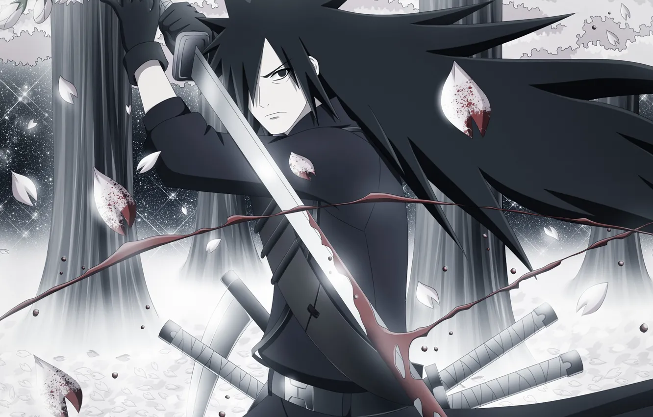 Фото обои кровь, меч, лепестки, парень, Наруто, Naruto, Мадара Учиха