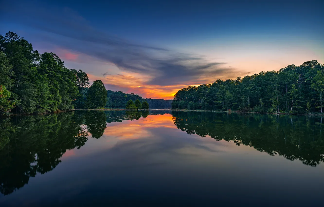 Фото обои лес, закат, озеро, отражение, Georgia, Джорджия, West Point Lake