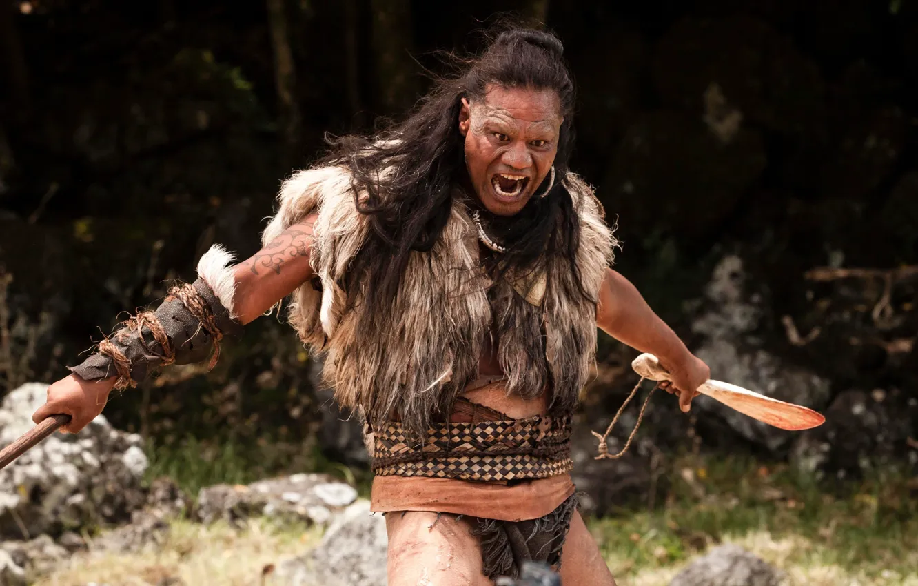 Фото обои cinema, rock, forest, river, sky, long hair, actor, weapon