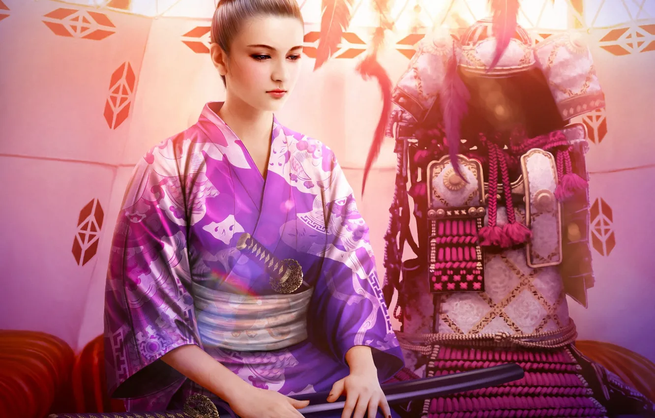 Фото обои девушка, меч, катана, арт, броня, кимоно, mario wibisono, legend of the five rings