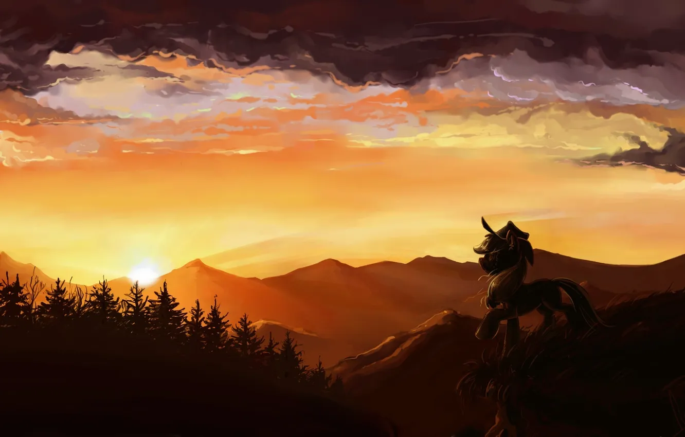 Фото обои лес, закат, горы, шляпа, пони, облока, My little pony