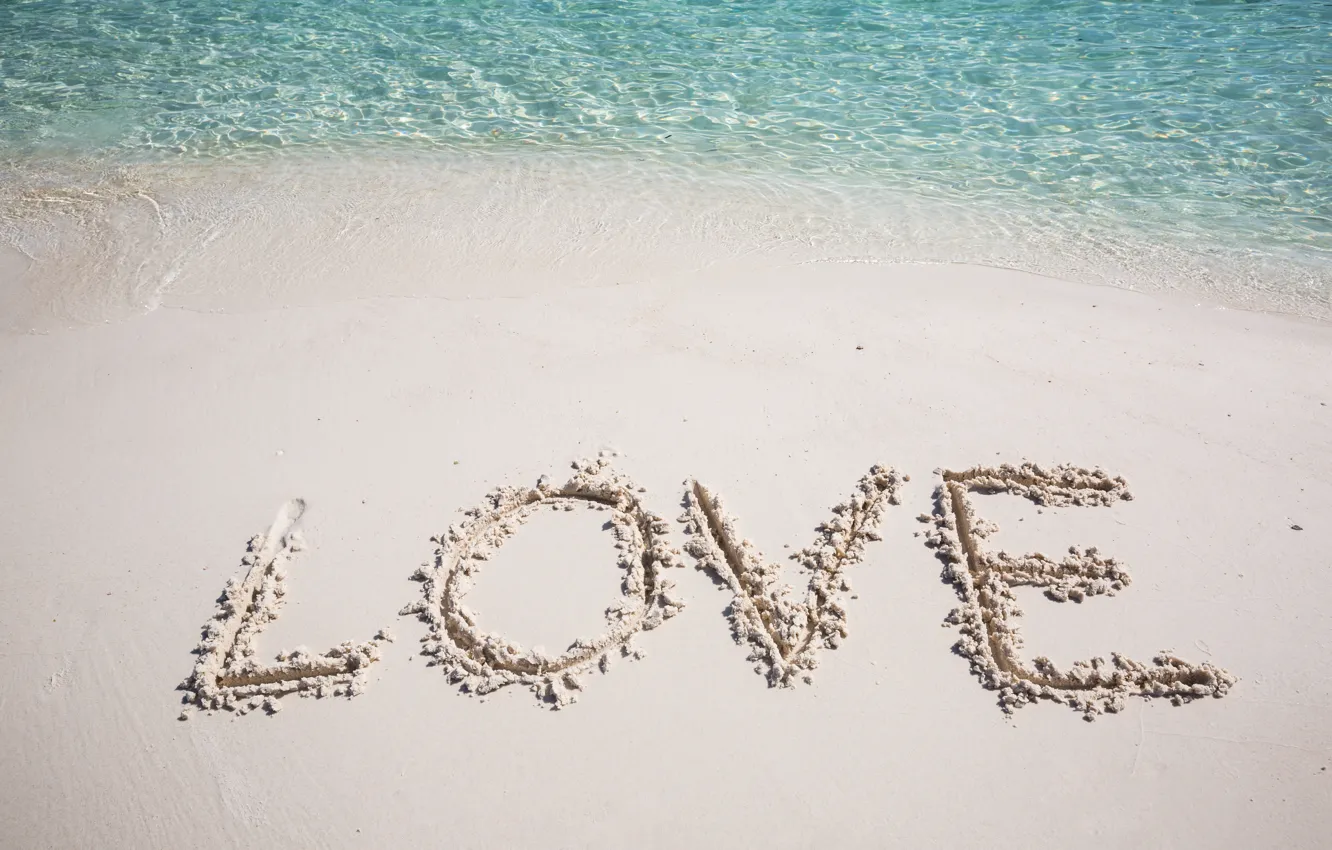 Фото обои песок, море, вода, любовь, надпись, романтика, love