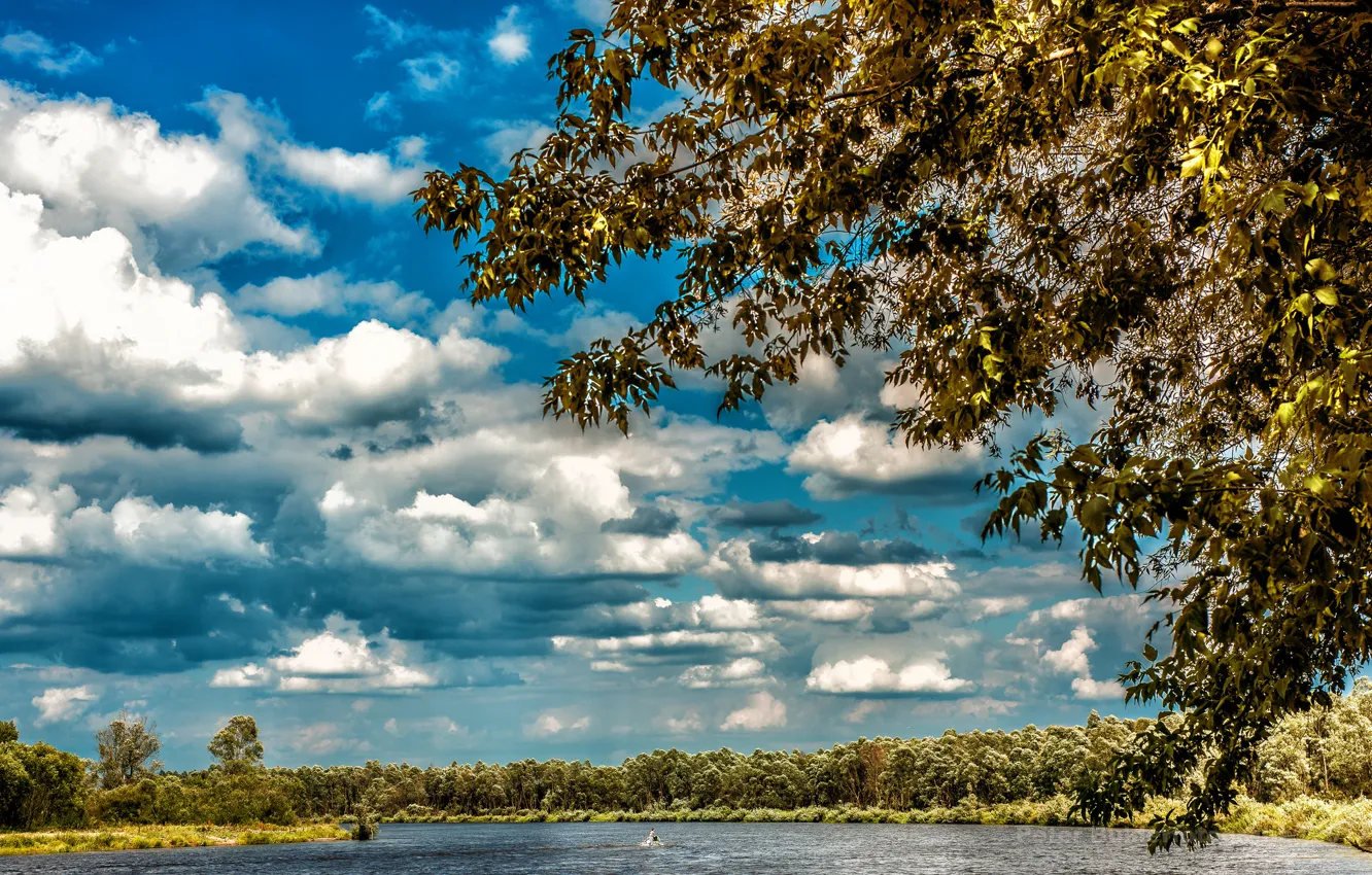 Фото обои осень, небо, облака, деревья, река