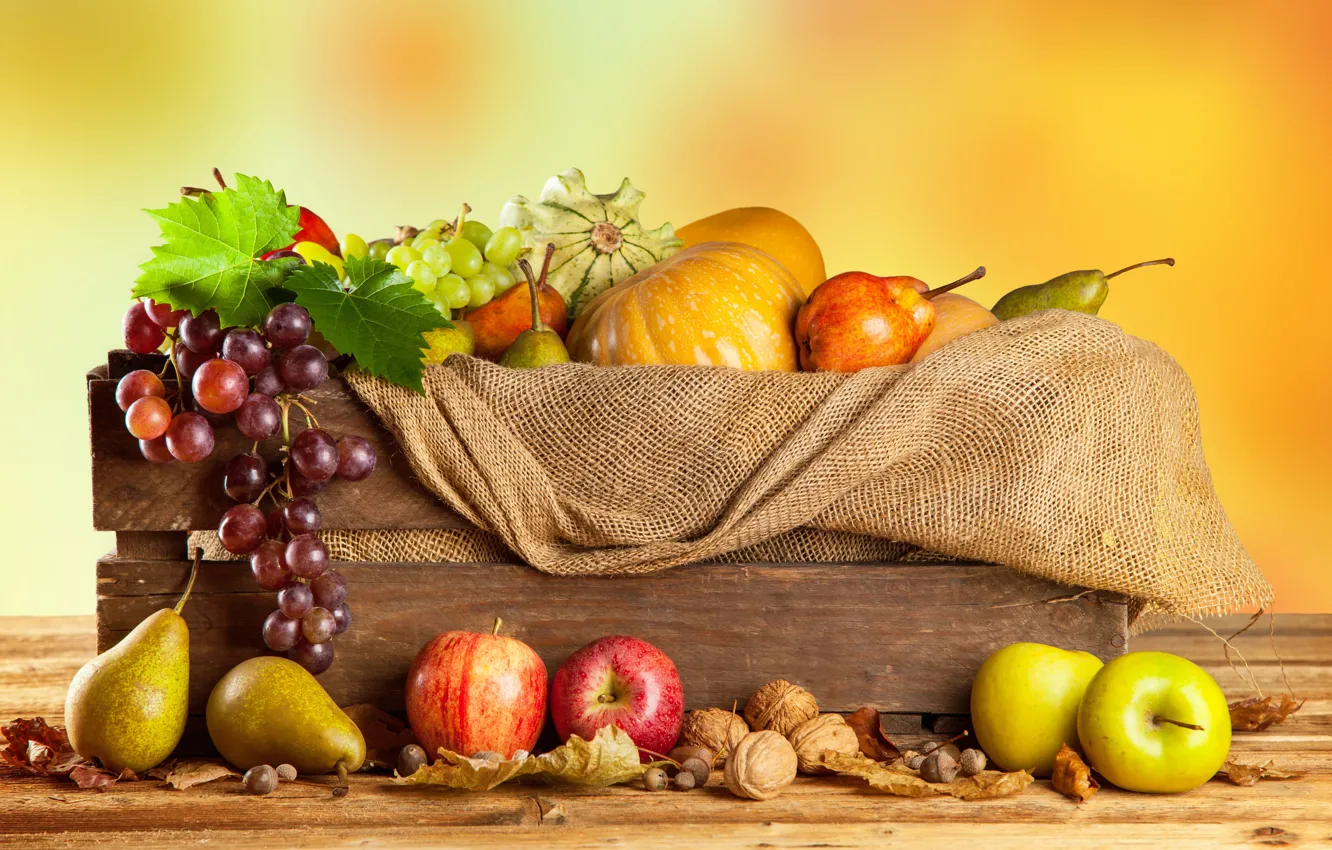 Фото обои осень, яблоки, урожай, виноград, тыквы, фрукты, орехи, ящик