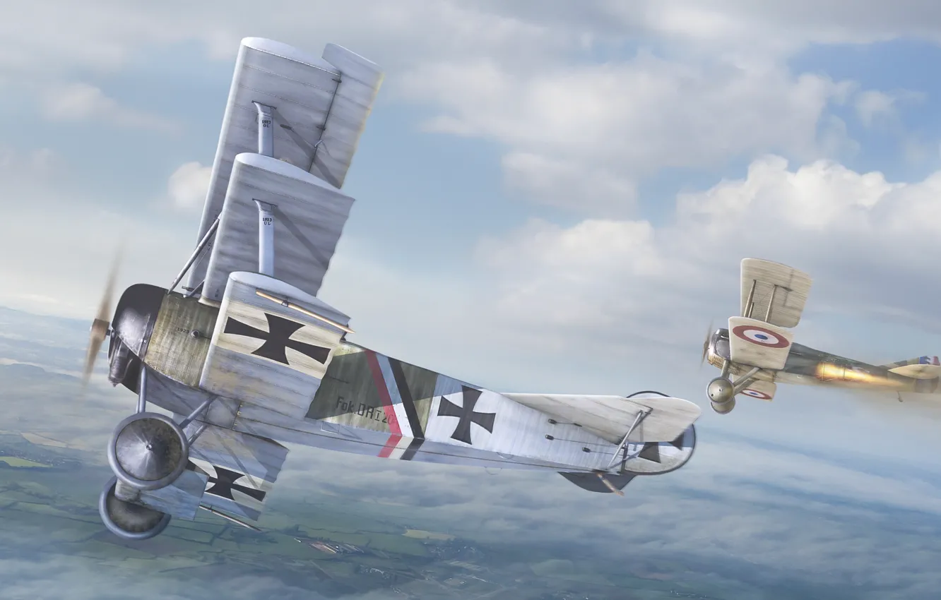 Фото обои небо, авиация, арт, британцы, немцы, самолёты, воздушный бой, Первая мировая война
