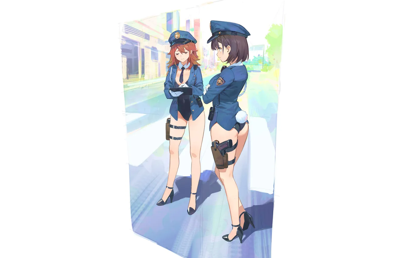 Фото обои Девушки, Улица, Хвостик, Арт, Униформа, Police girls, Девушки-полицейские