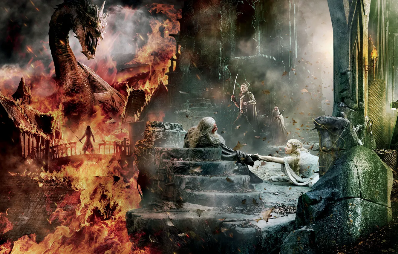 Фото обои Dragon, Fire, Wallpaper, Gandalf, Ian McKellen, Benedict Cumberbatch, Hugo Weaving, Weapons
