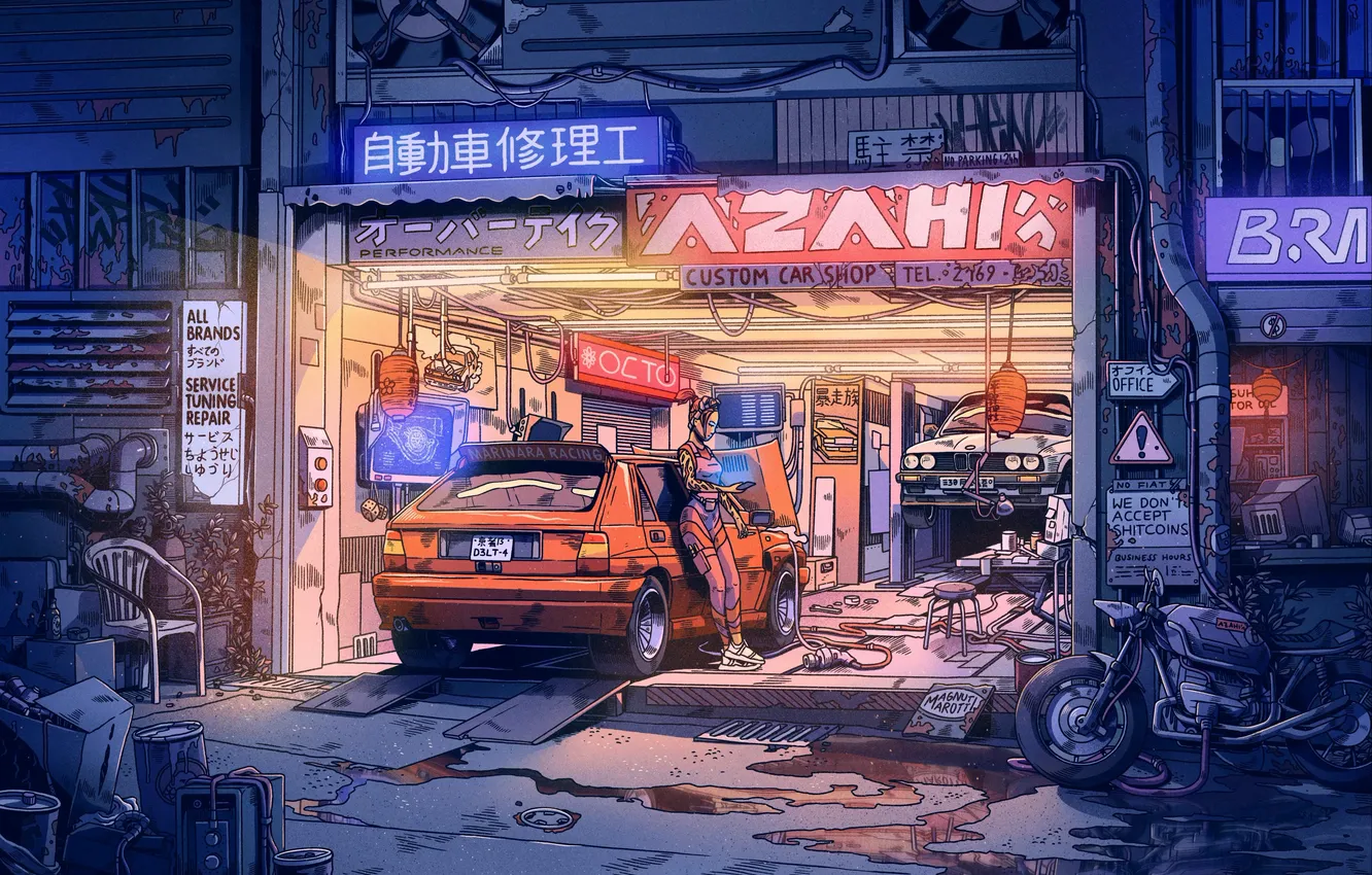 Фото обои ночь, рисунок, гараж, аниме, автомобиль, ремонт, неоновая вывеска
