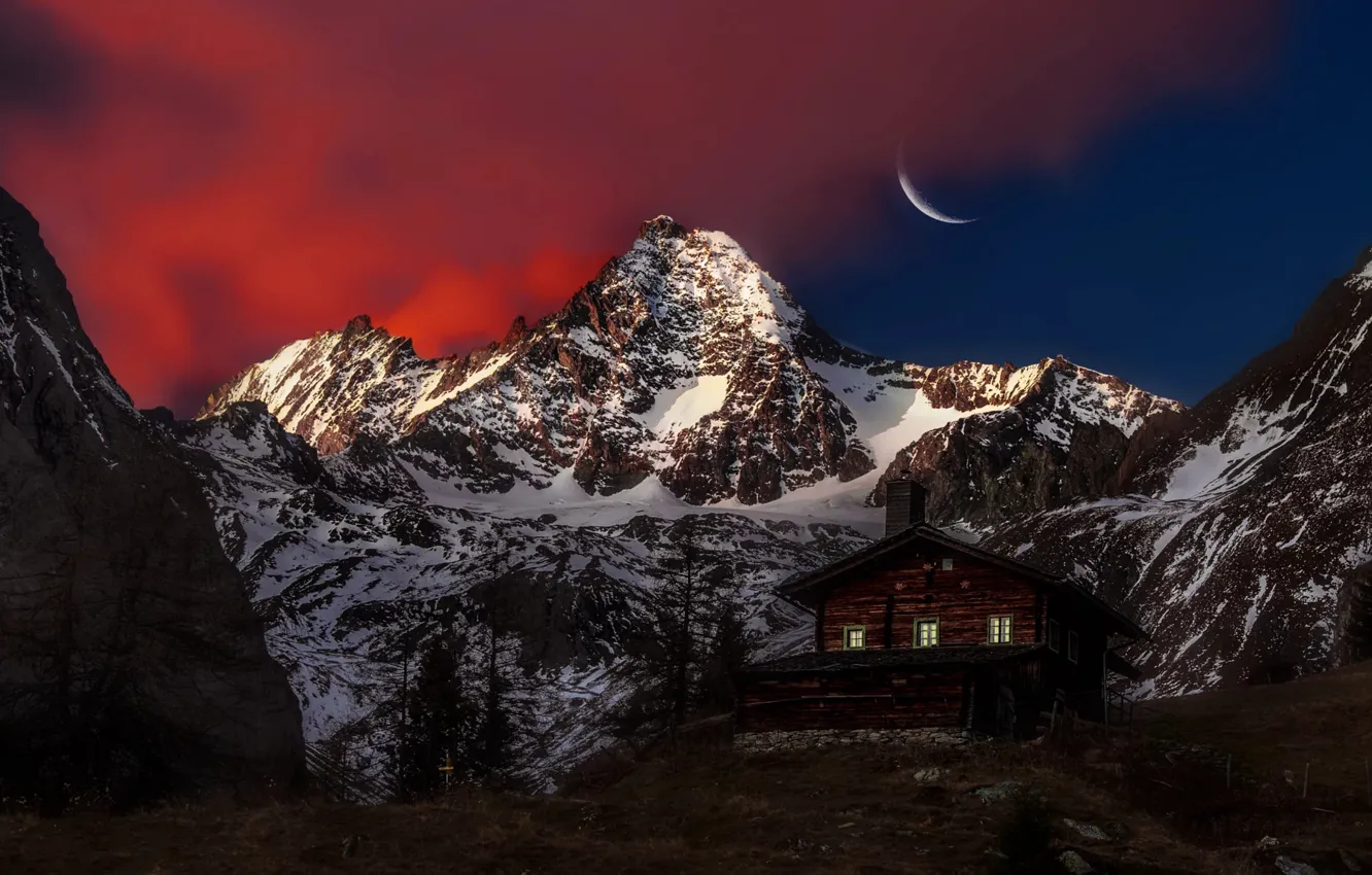 Фото обои Moon, Sky, Mountain, Austria, View, Peak