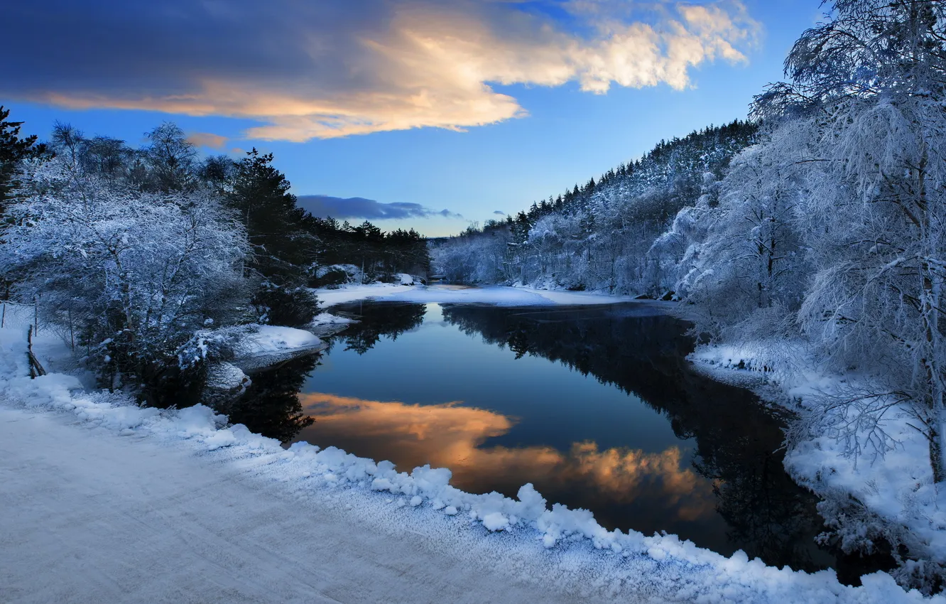Фото обои зима, ночь, река